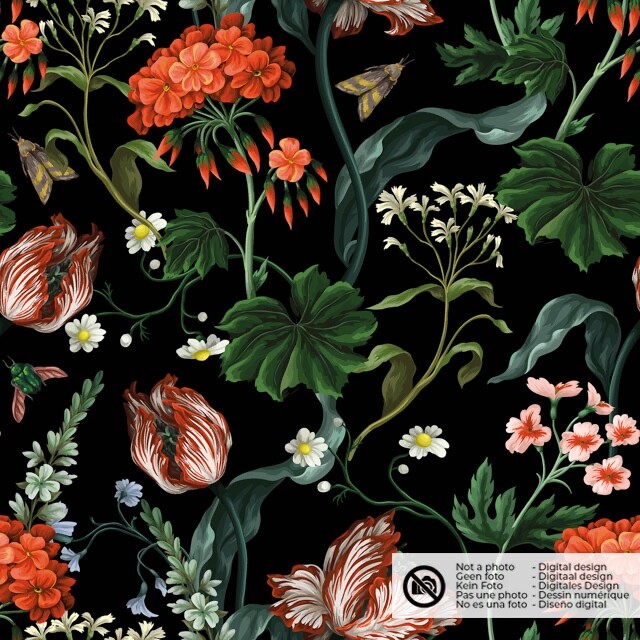 Samt stoff digitaldruck blumen schwarz