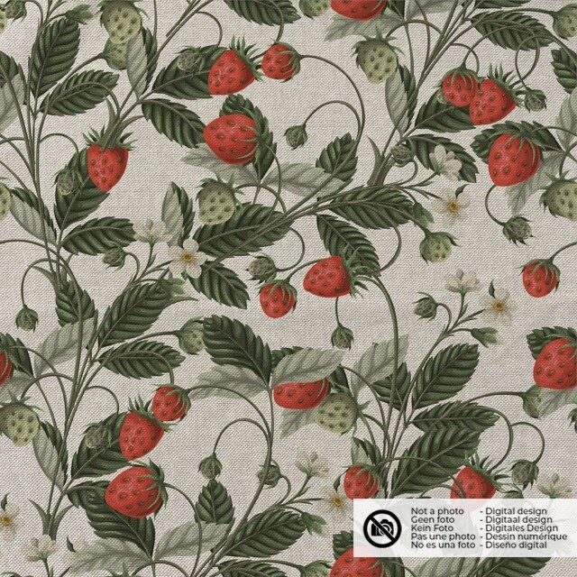 Dekostoff Leinen-Optik Digitaldruck erdbeeren beige