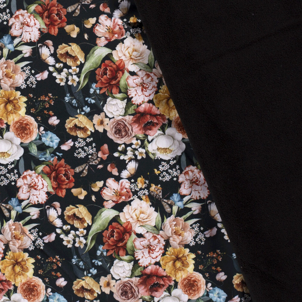 Softshell Digitaldruck Blumen und Schmetterlinge schwarz