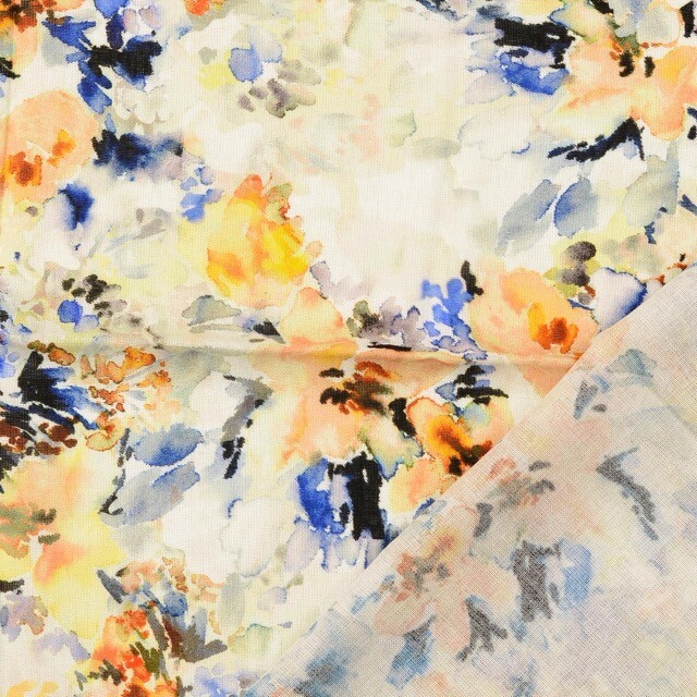 Viskose Leinen Voile Digitaldruck Blumen orange/blau