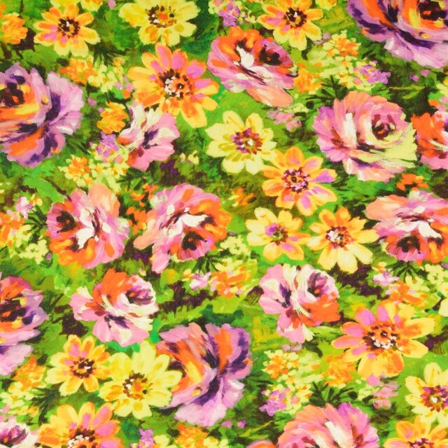 Viskose Satin Digitaldruck Blumen grün