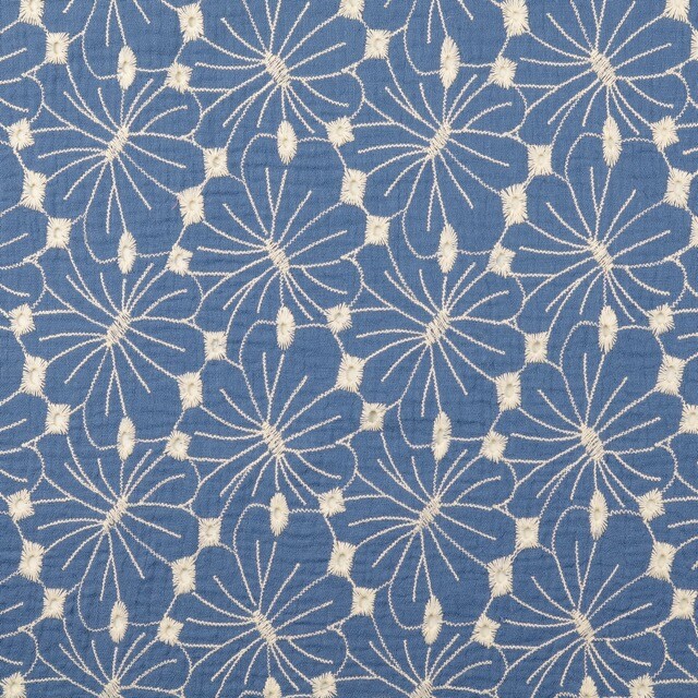 Baumwoll Musselin Stickerei Blumen jeansblau