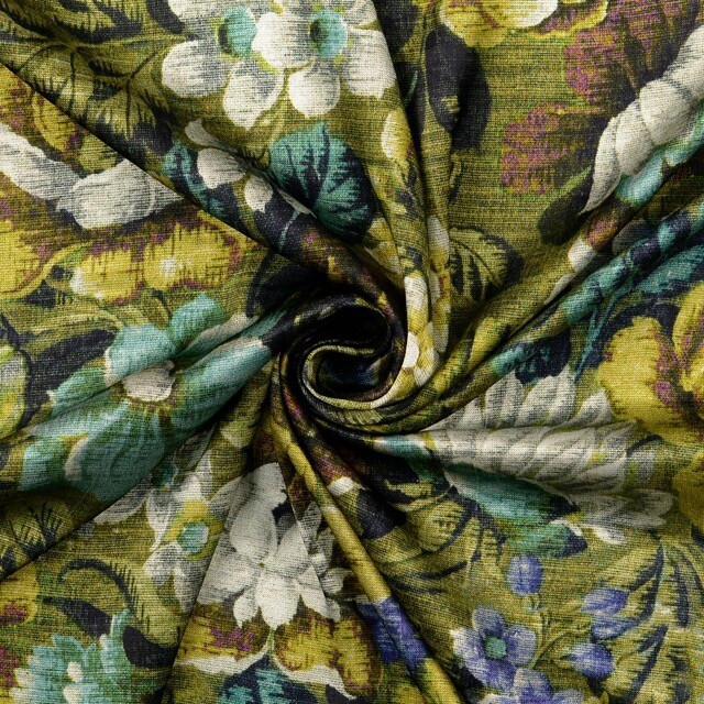 Viskose satin digitaldruck blumen olivgrün