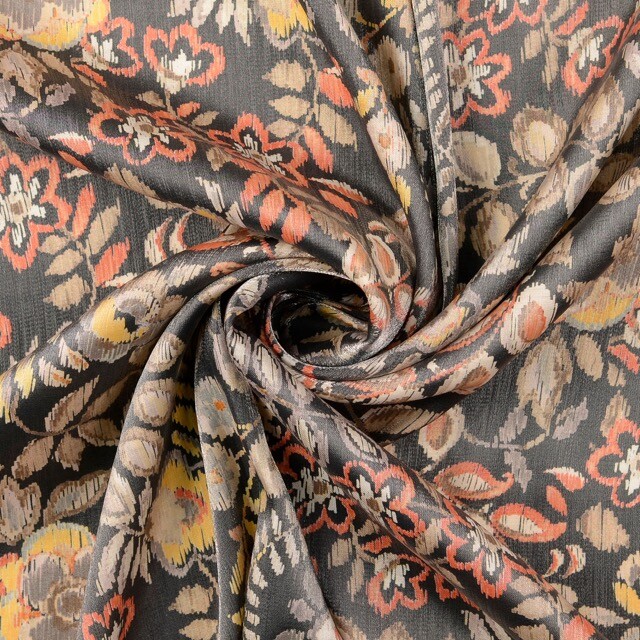 Viskose stoff schimmer digitaldruck blumen grau/orange/gelb