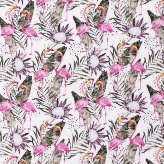 Baumwollmusselin Flamingos weiß