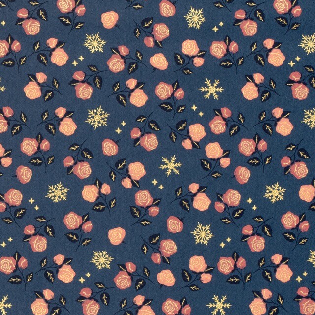 Baumwolle Weihnachten Rosen stahlblau/gold