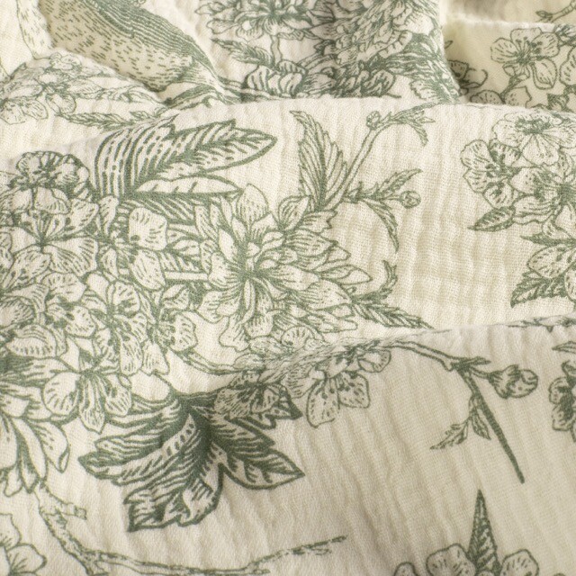 Baumwoll Musselin Blumen und Vögel dunkelmint