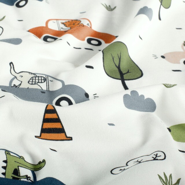 Baumwolljersey tiere in autos offwhite