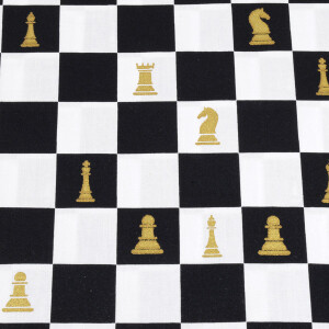 50x150 cm Baumwolle Karo schwarz/weiß mit goldenen Schachfiguren