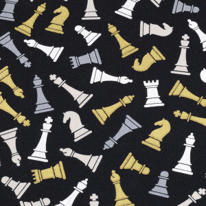 50x150 cm Baumwolle schwarz mit Schachfiguren in gold/weiß/grau