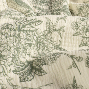 Baumwoll Musselin Blumen und Vögel dunkelmint