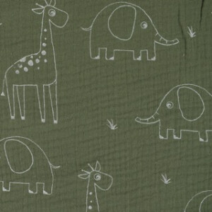 Baumwoll Musselin Giraffen und Elefanten tannengrün