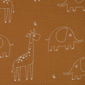 Baumwoll Musselin Giraffen und Elefanten karamell