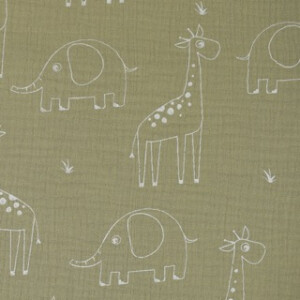 Baumwoll Musselin Giraffen und Elefanten olivgrün