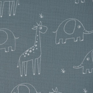 Baumwoll Musselin Giraffen und Elefanten stahlblau