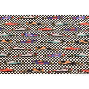 100x150 cm Baumwolljersey Rennwagen auf Finish Fahne schwarz/weiß/multicolor