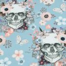 Baumwolljersey digitaldruck totenköpfe mit blumen pastellblau