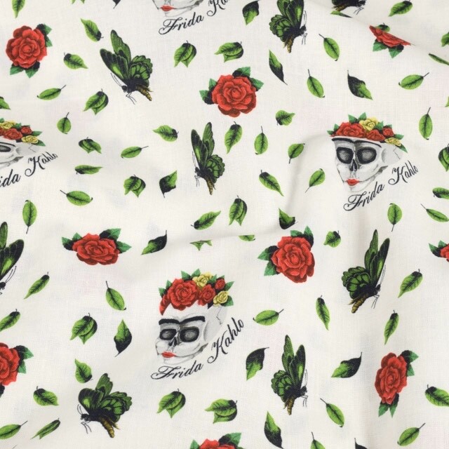 Baumwolle Popeline Frida Khalo Rosen weiß